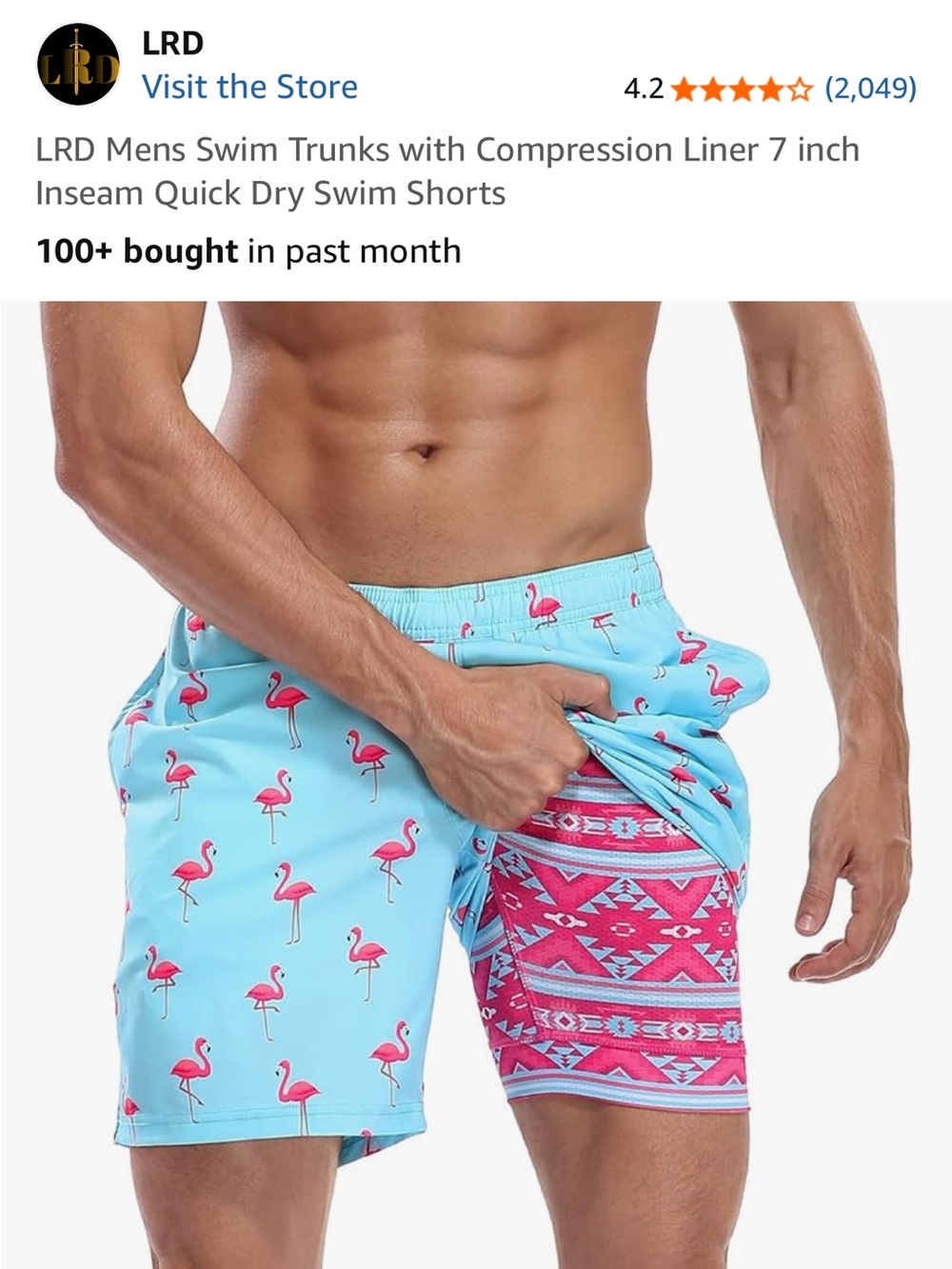 Men’s Light Blue Flamingo Swim Trunks with Pink Compression Liner